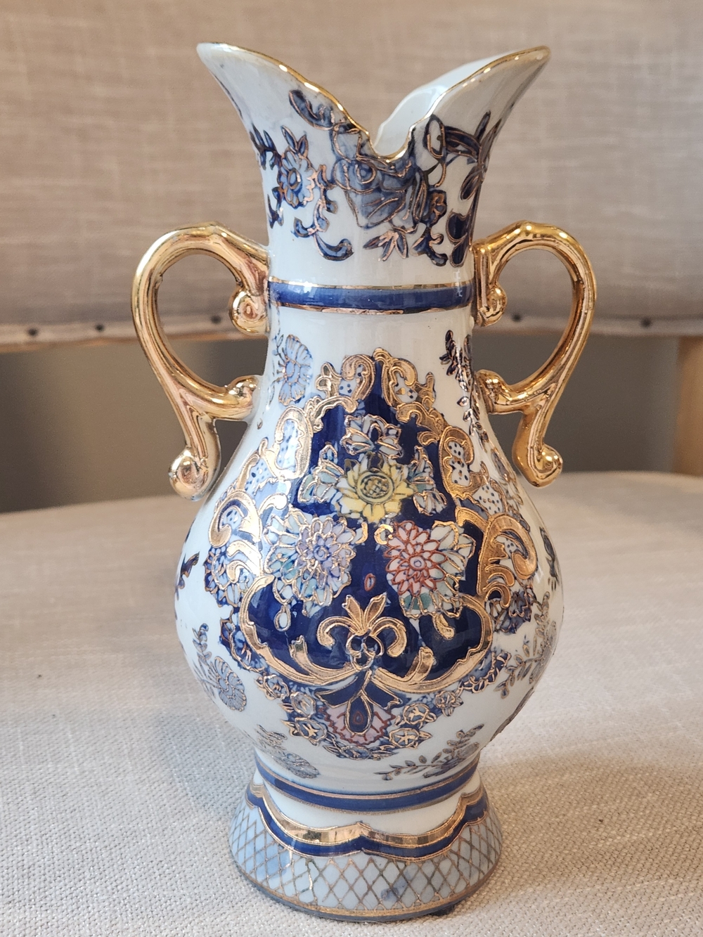 Vintage Handpainted White Blue and Gold Decorative Double-Handled Porcelain Vase